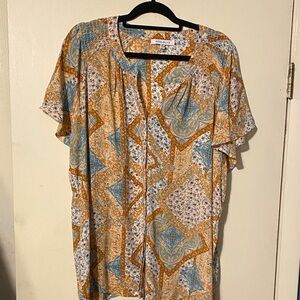 Rose & Olive Geometric Blouse - Gold, Blue, White